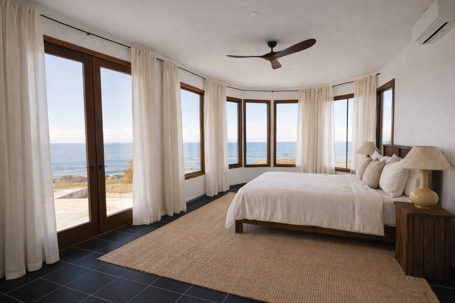 A bright bedroom with windows looking out to sea