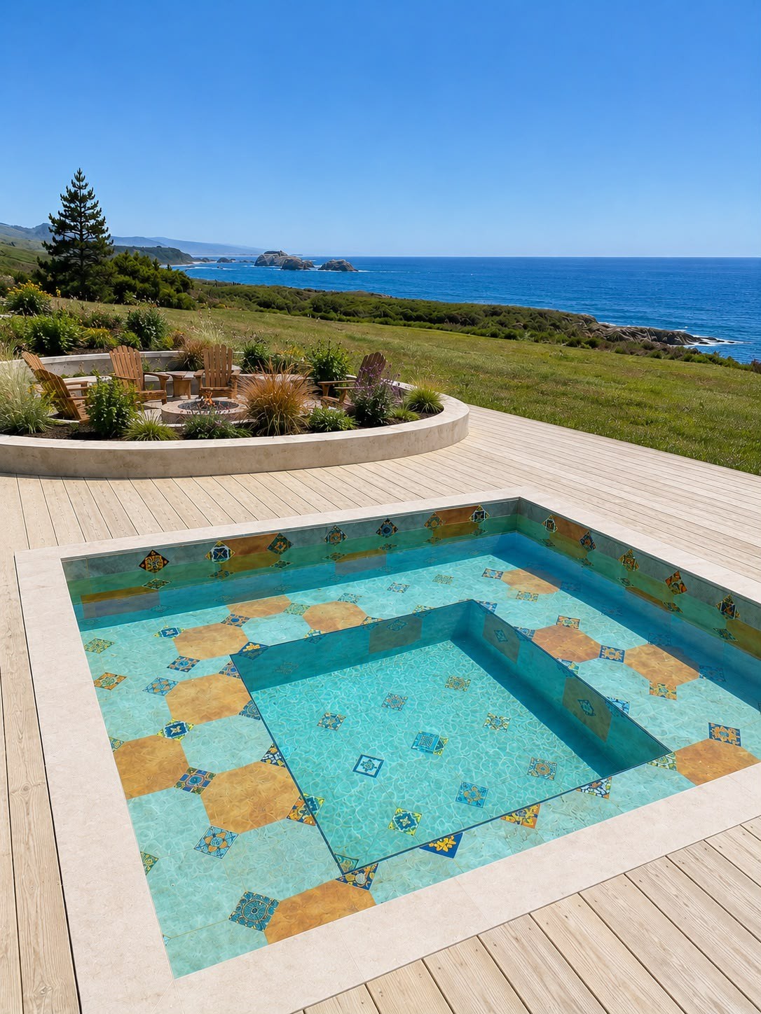 The tiled hot tub and oceanfront terrace