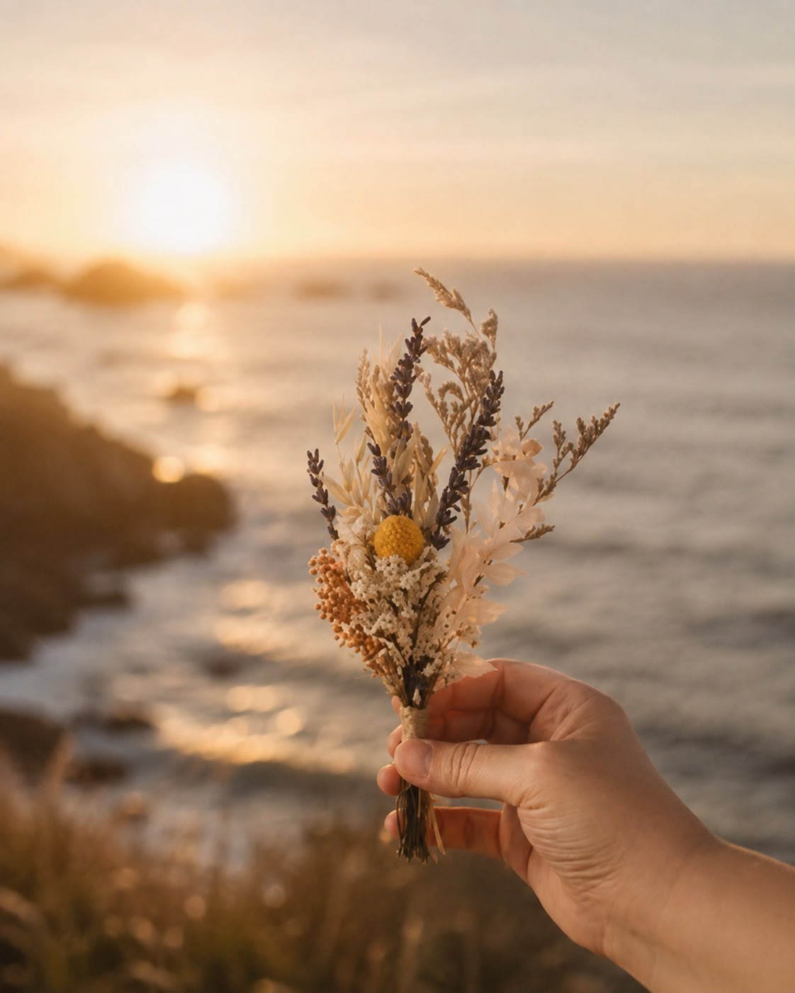 A small bouquet held up to the golden ocean light
