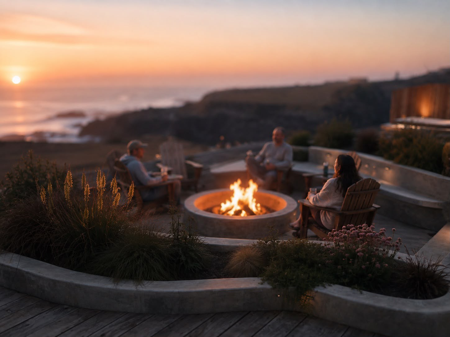 Friends gathered around the fire pit as the sun sets over the ocean