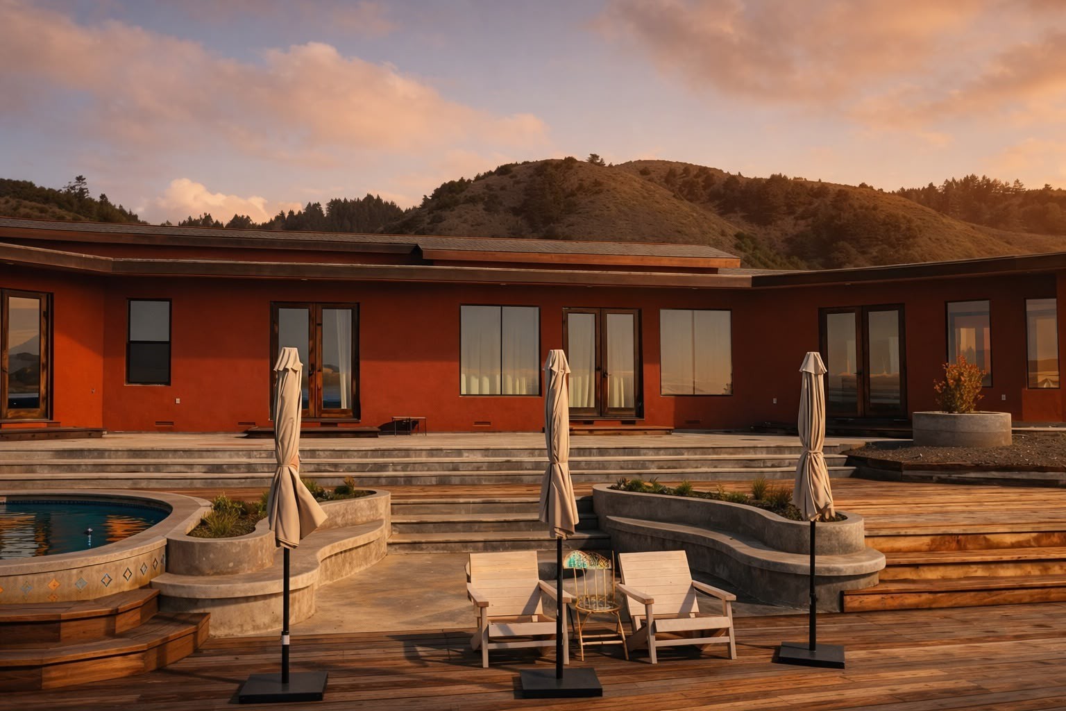Kibesillah Cove's redwood exterior and spacious terrace at golden hour