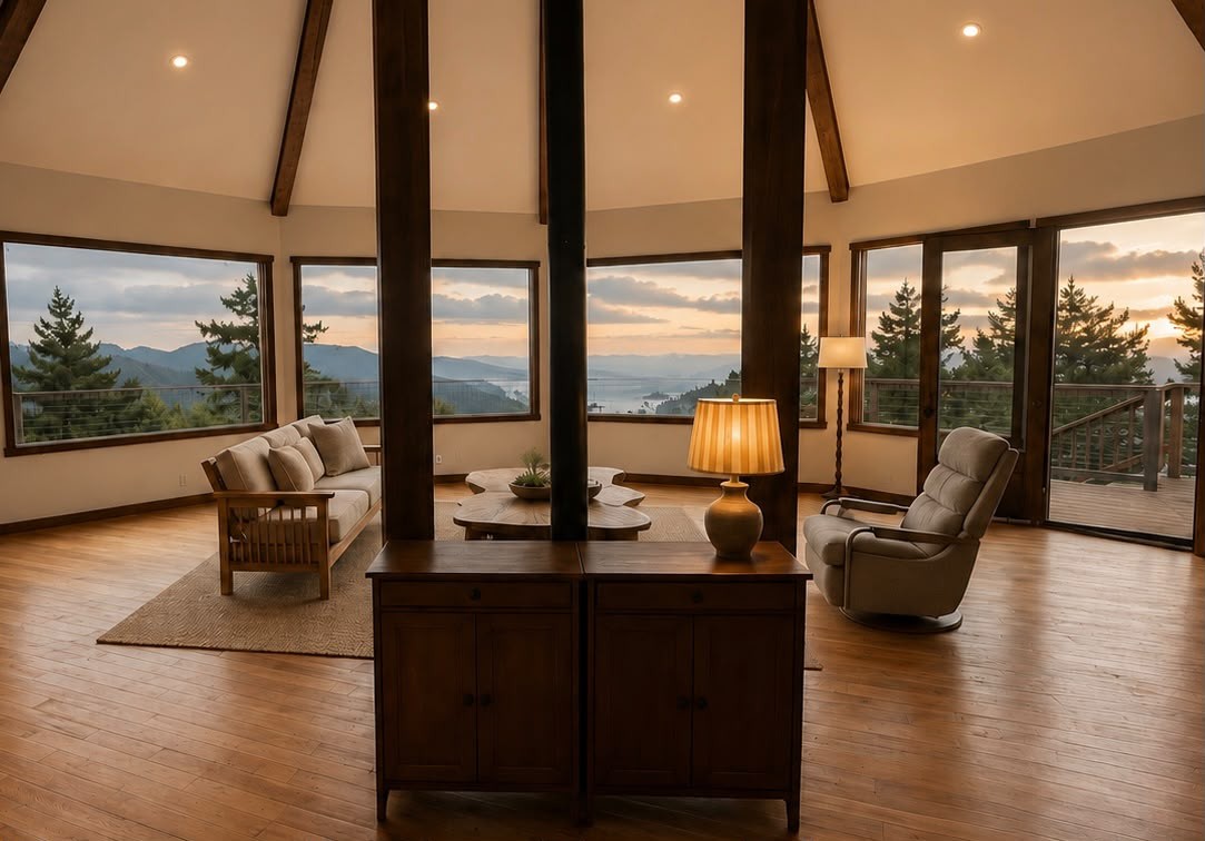 Seaview's warm redwood living room opening onto panoramic ocean views